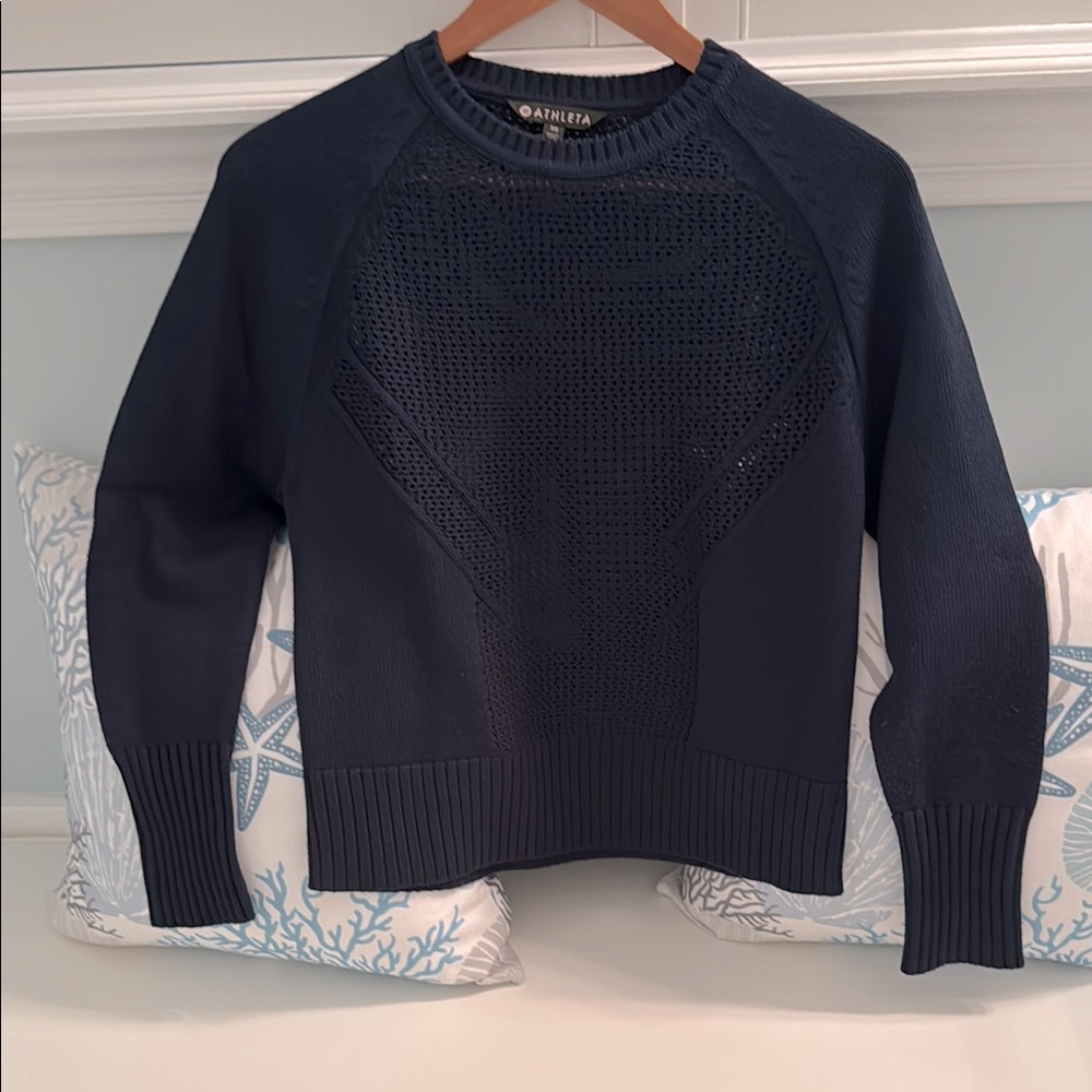 Athleta Blue Crew Neck Sweater with Ribbed Detailing